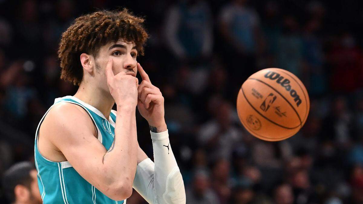 Charlotte Hornets guard LaMelo Ball makes a point to an official against the Miami Heat on Thursday. Ball is scheduled to play in his first NBA All-Star Game Sunday night and then will return home to a Charlotte team that has gone 1-9 in its past 10 games.