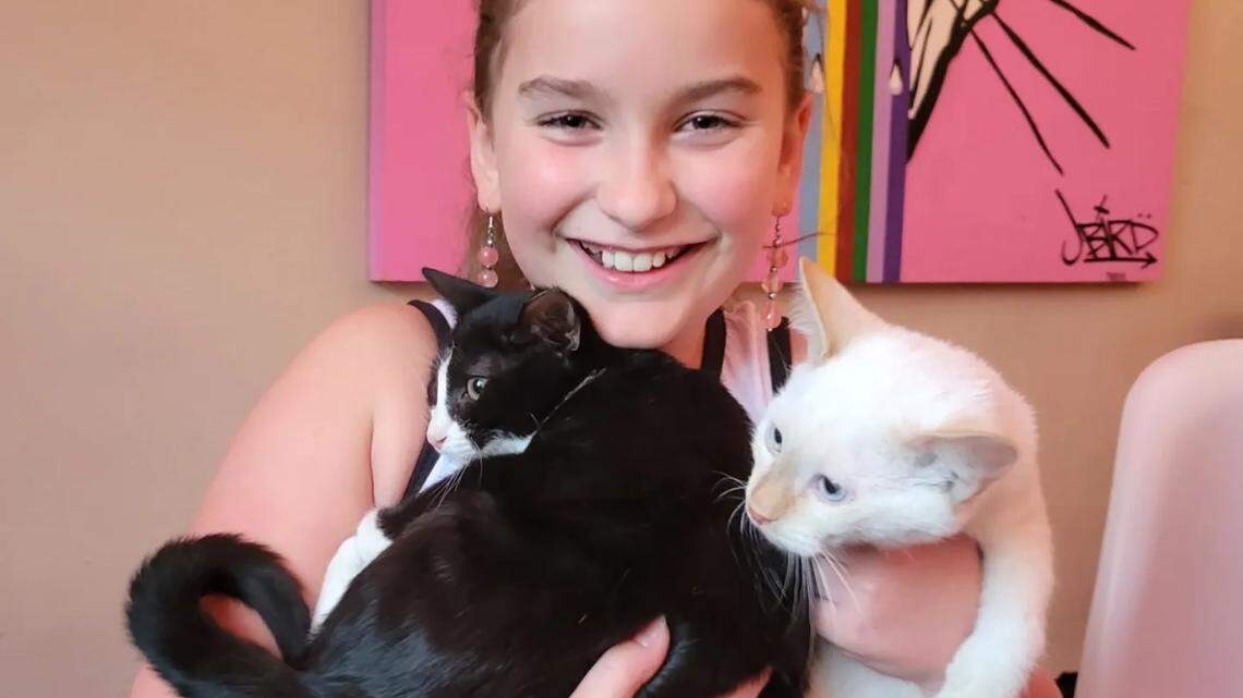 Lauren Reisner, 10, holds her new kittens Leo and Reddi Whip. Mac Tabby Cat Café has been fostering kitties and helping to find them homes for nearly 5 years. On August 23, it celebrated its 1,000th adoption with Leo — and Reddi Whip makes 1,001!