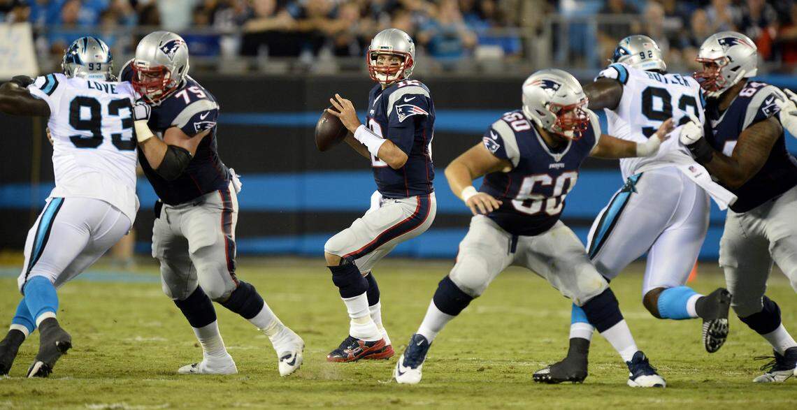 In 2016, Tom Brady throws against the Panthers in a preseason game. Brady is 3-3 in his career against Carolina -- 2-3 in the regular season but 1-0 in the Super Bowl.