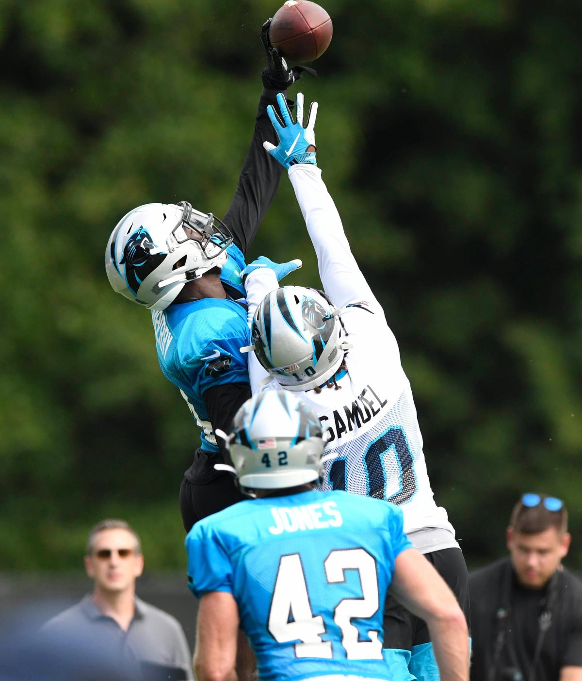 Carolina Panthers cornerback James Bradberry deflects a pass intended for wide receiver Curtis Samuel during practice Sunday in Spartanburg.