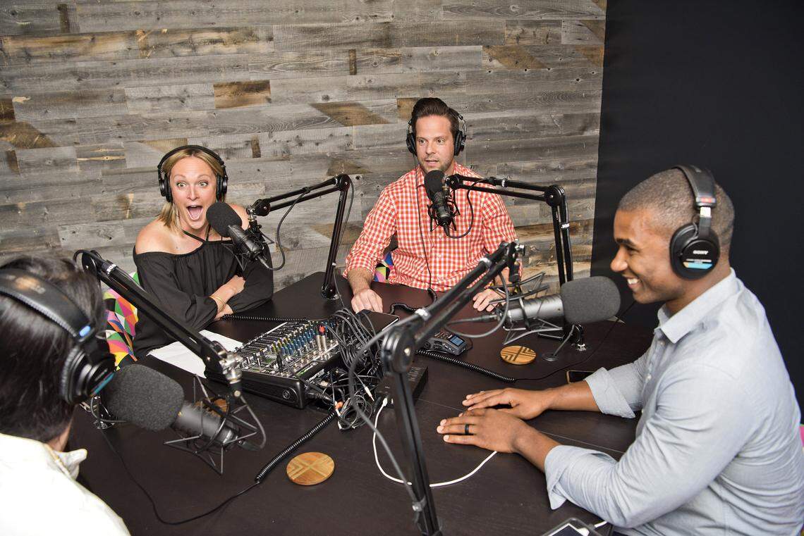 Jake and Page Fehling as podcast hosts, photographed in 2017.