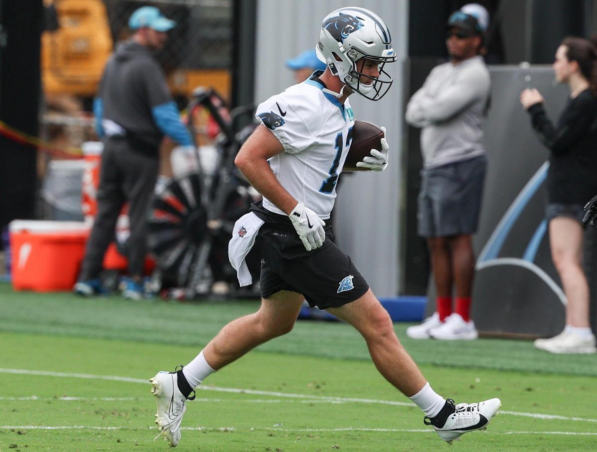 Panthers wide receiver Hunter Renfrow runs with the ball during the first day of minicamp in Charlotte, NC on Tuesday, June 10, 2025.