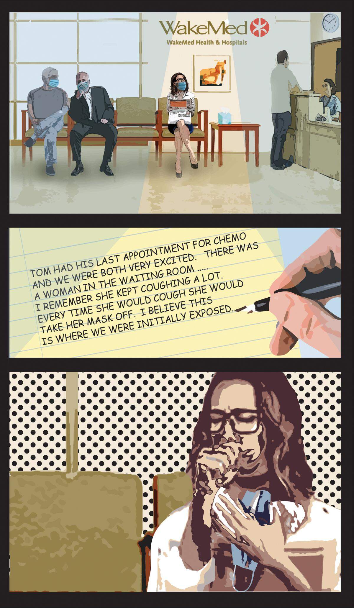 This scene from “THE PANDEM!C” recounts the emotional strain and isolation COVID-19 caused for a gay couple who both contracted the virus. It’s based on reporting by David Aaron Moore for QNotes. The artwork is by Gil Croy.