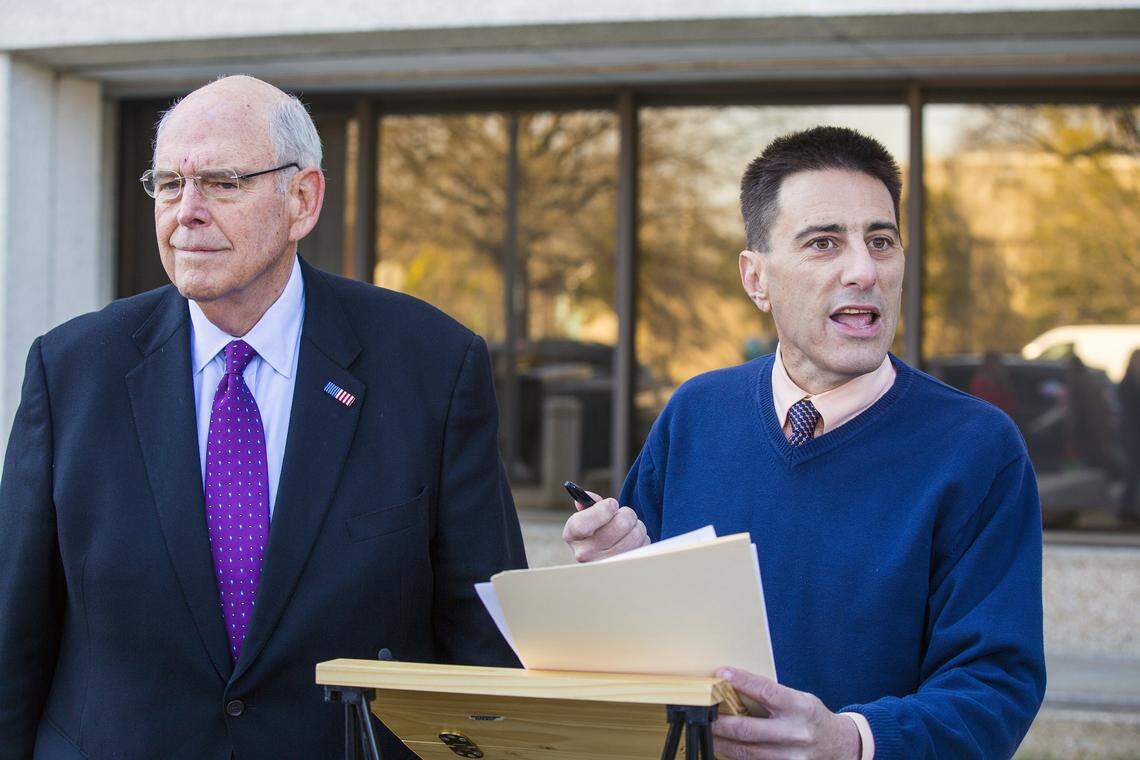NC GOP Chairman Robin Hayes, left, and NC GOP Executive Director Dallas Woodhouse hold a press conference on Mar. 13 in Raleigh, NC.