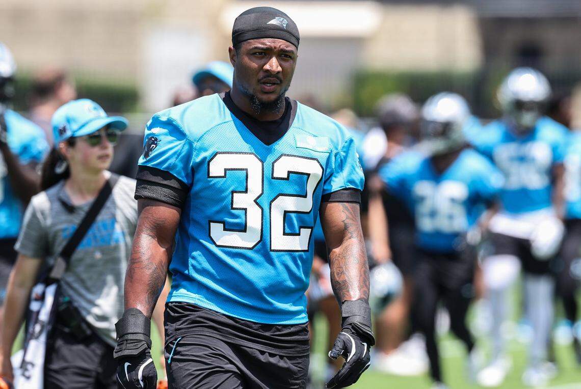 Panthers linebacker Trevin Wallace wears No. 32 during the second day of minicamp on June 11.