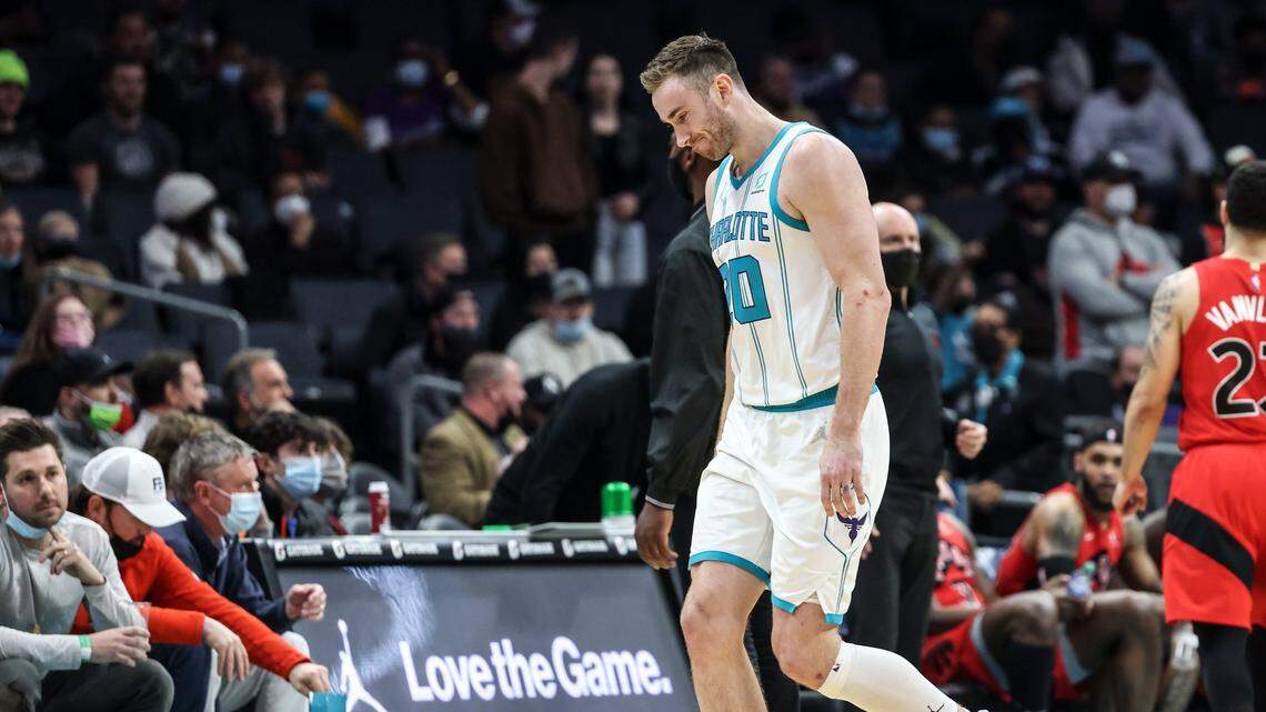 Charlotte Hornets forward Gordon Hayward limps off the court at the Spectrum Center In Charlotte on Feb. 7.