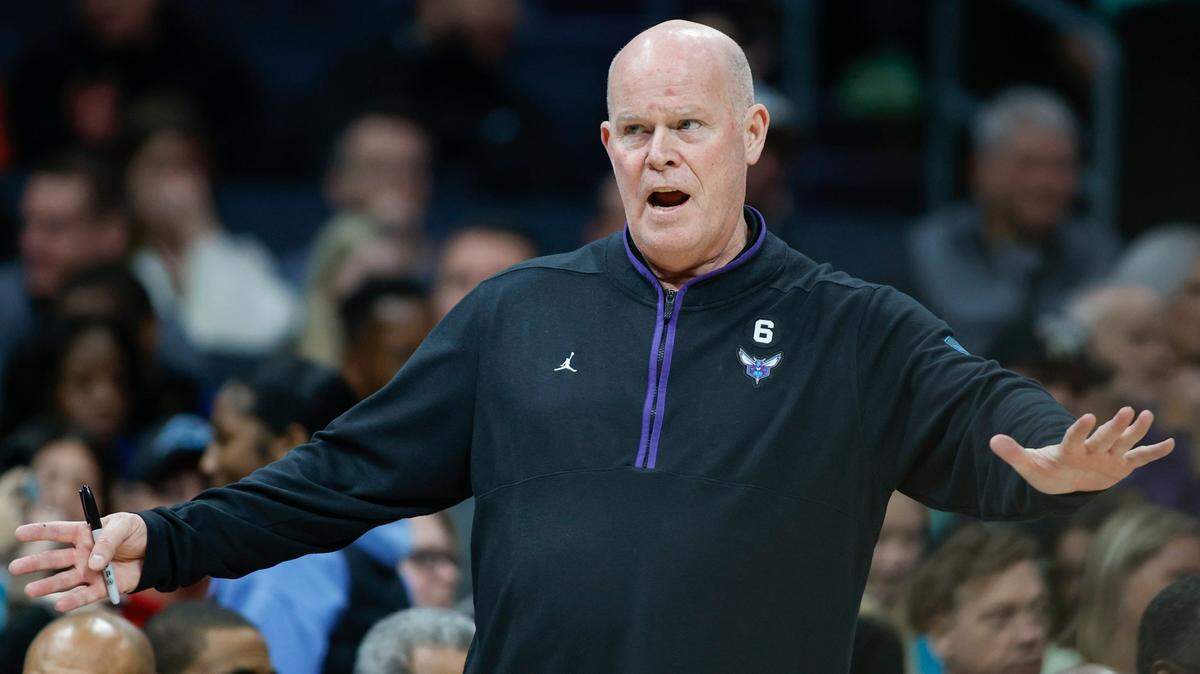 Charlotte Hornets coach Steve Clifford argues a call during the second half of the team’s NBA basketball game against the Denver Nuggets in Charlotte, N.C., Saturday, Feb. 11, 2023. The Nuggets won 119-105. (AP Photo/Nell Redmond)