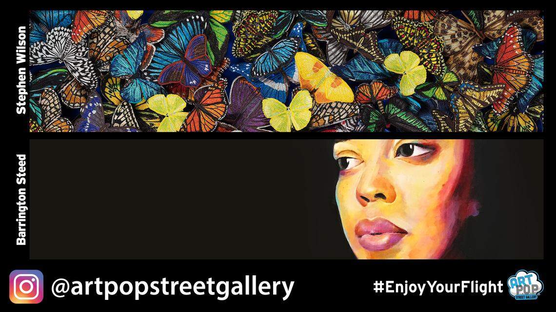 ArtPop uses empty billboards and other advertising spaces to showcase local artists, but it needs funding to continue in Charlotte next year. Shown above are billboards by artists Stephen Wilson and Barrington Steed.