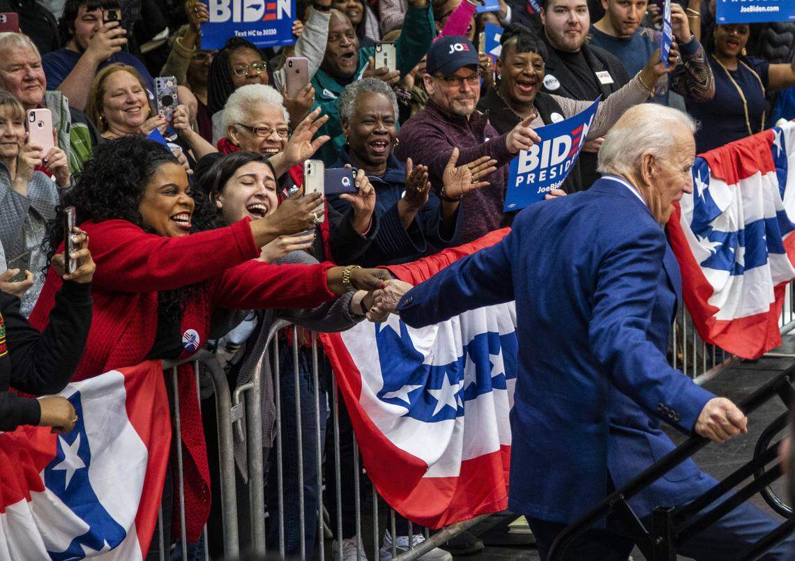 Former Vice President Joe Biden takes the stage during a campaign rally at St. Augustine’s University, a private HBCU, Saturday, Feb. 29, 2020 before Super Tuesday.