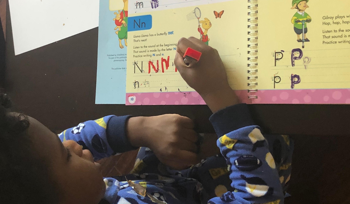 When his mom, Ashley Roseboro has meetings while working from home, 4-year-old Kam focuses on independent assignments or online educational programs like ABC Mouse.