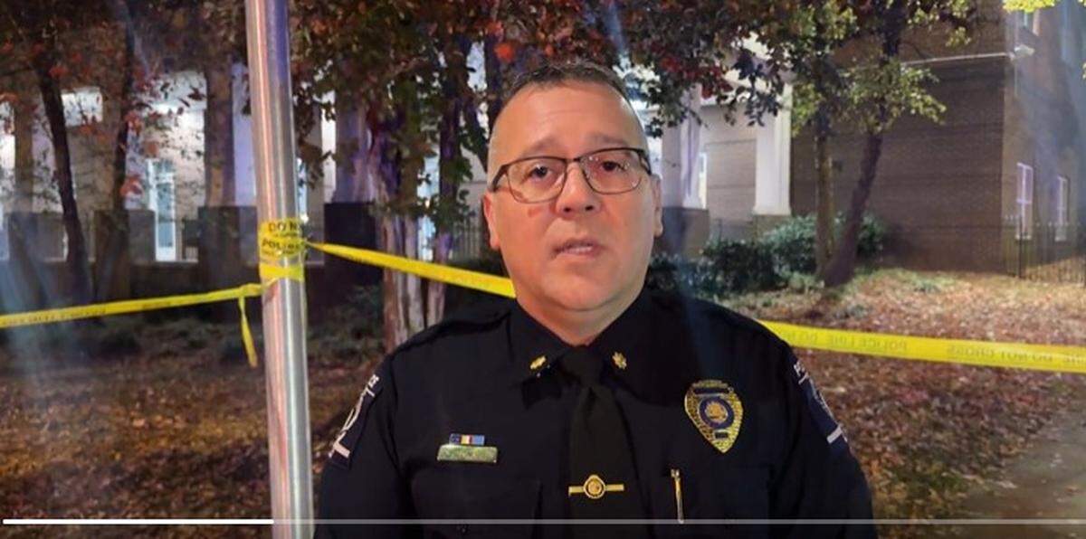 Charlotte-Mecklenburg Police Major Gene Lim speaks near a homicide scene in uptown Charlotte late Friday, Nov. 14, 2025.