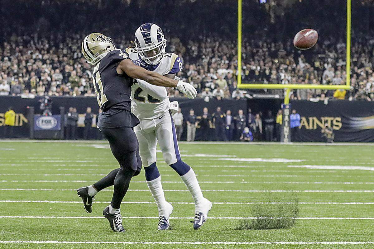 Los Angeles Rams cornerback Nickell Robey-Coleman seems to deliver an early hit to New Orleans Saints receiver Tommylee Lewis late in the fourth quarter, thwarting a potential game-winning drive during the NFC Championship Game on Sunday. The non-call helped put the Rams in the Super Bowl.