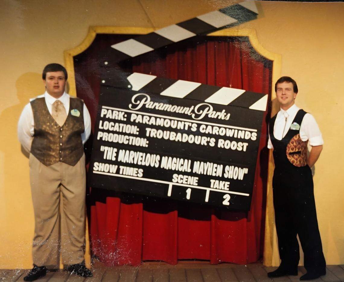 Jason “Doc” Docherty, left, was 17 at the time when he and his friend, Scott Link, performed magic at Carowinds in the early 1990s, He hated his costume and always wanted to wear his friend’s black one.