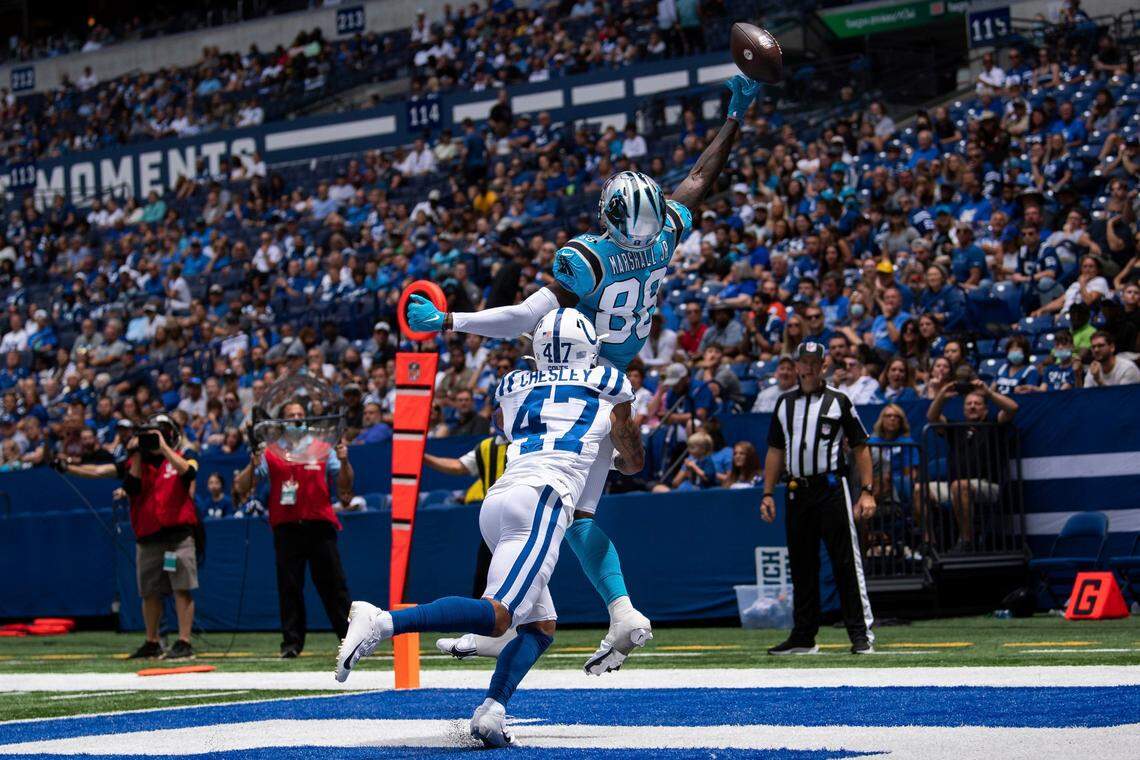 Indianapolis Colts cornerback Anthony Chesley (47) defends a pass to Carolina Panthers wide receiver Terrace Marshall Jr. (88) in the end zone during last week’s preseason game in Indianapolis. (AP Photo/Zach Bolinger)