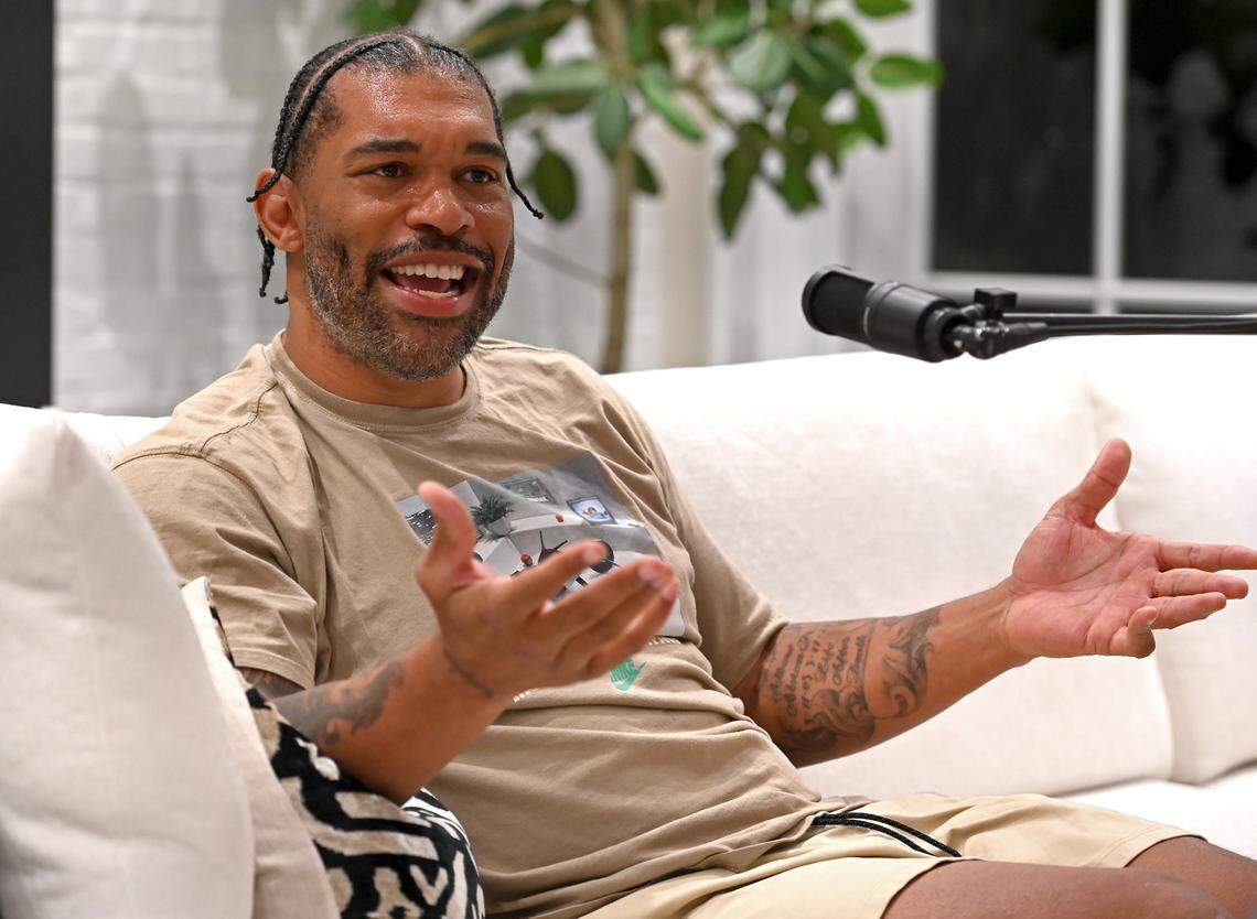 Former Carolina Panthers defensive end Julius Peppers discusses his career at his home in Coral Gables, Fla. Peppers was the rare athlete to play football in high school, college and the NFL, all in the same state.