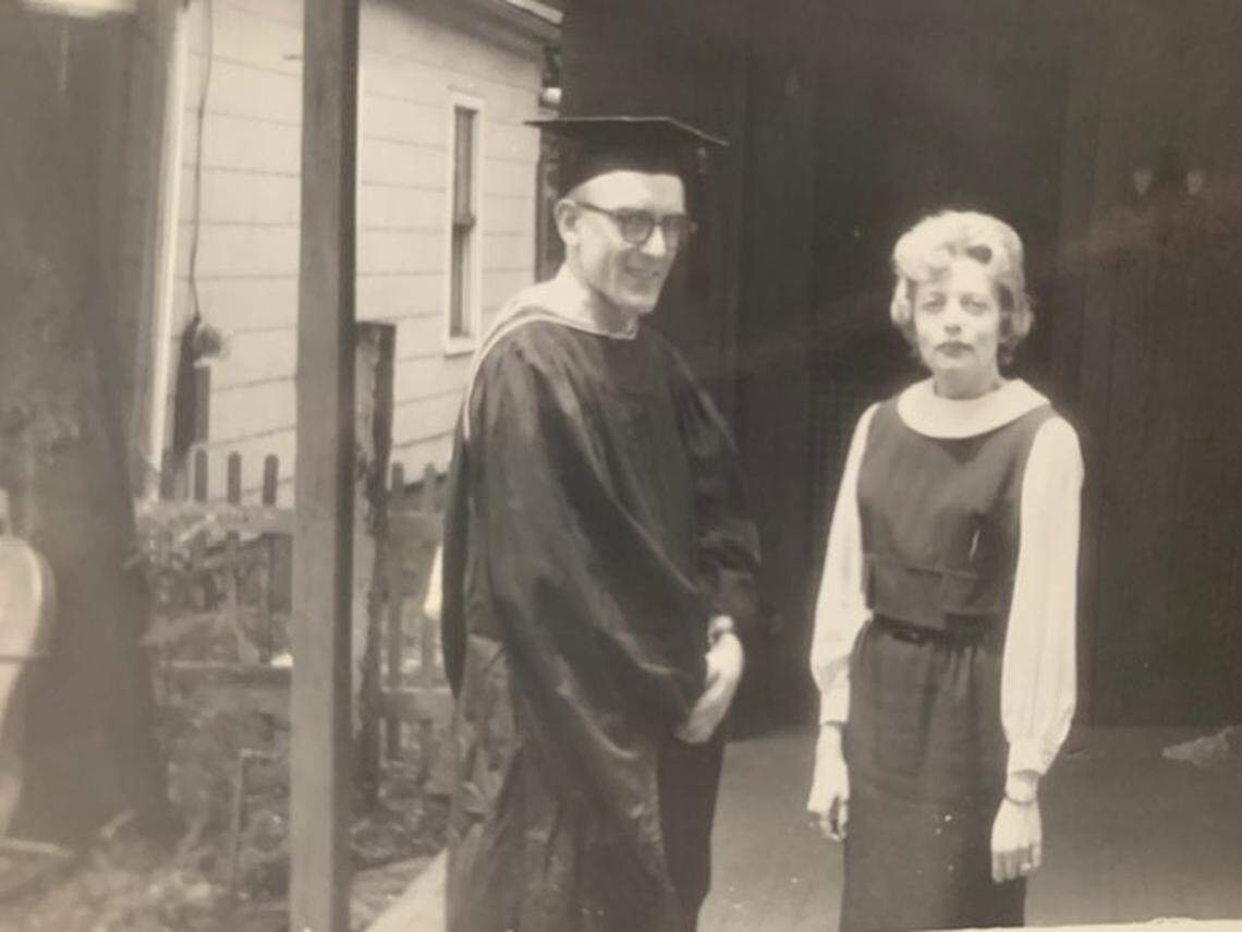 Flight 212 passenger Walt Norem, on the day he got his doctorate, with his wife Lynda.