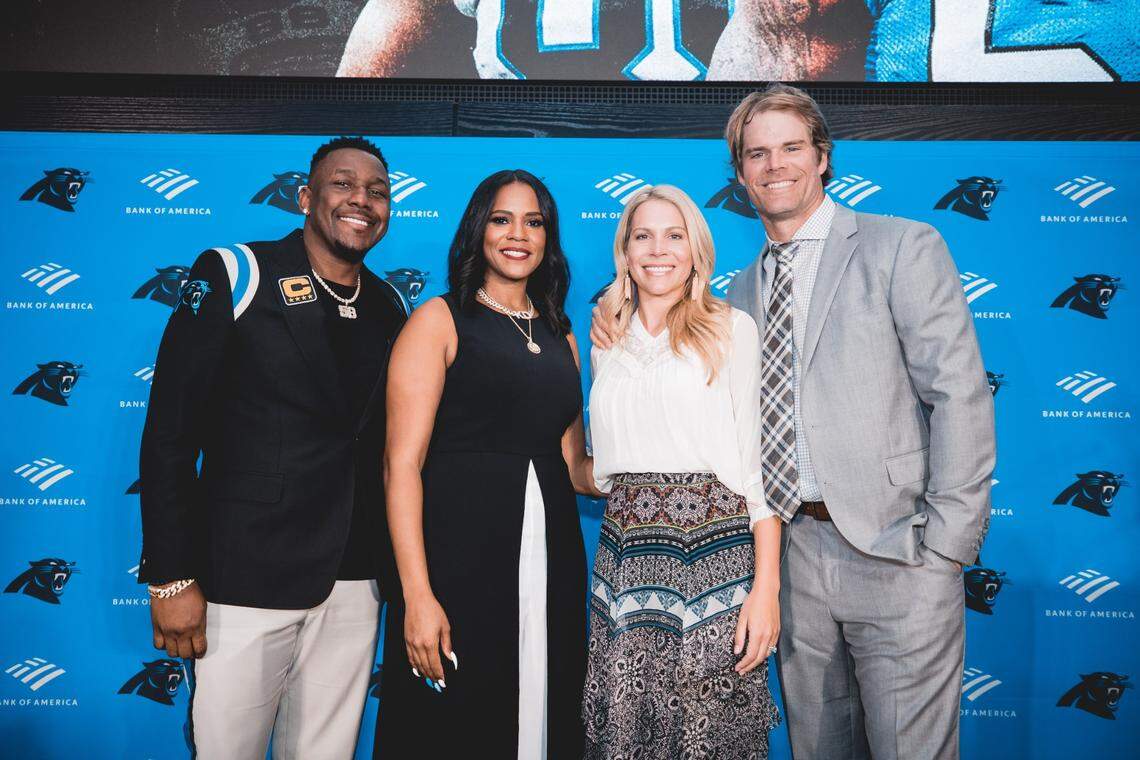 (Left to right) Thomas Davis, Kelly Davis, Kara Olsen and Greg Olsen at the combined retirement ceremony for the former Panthers players.