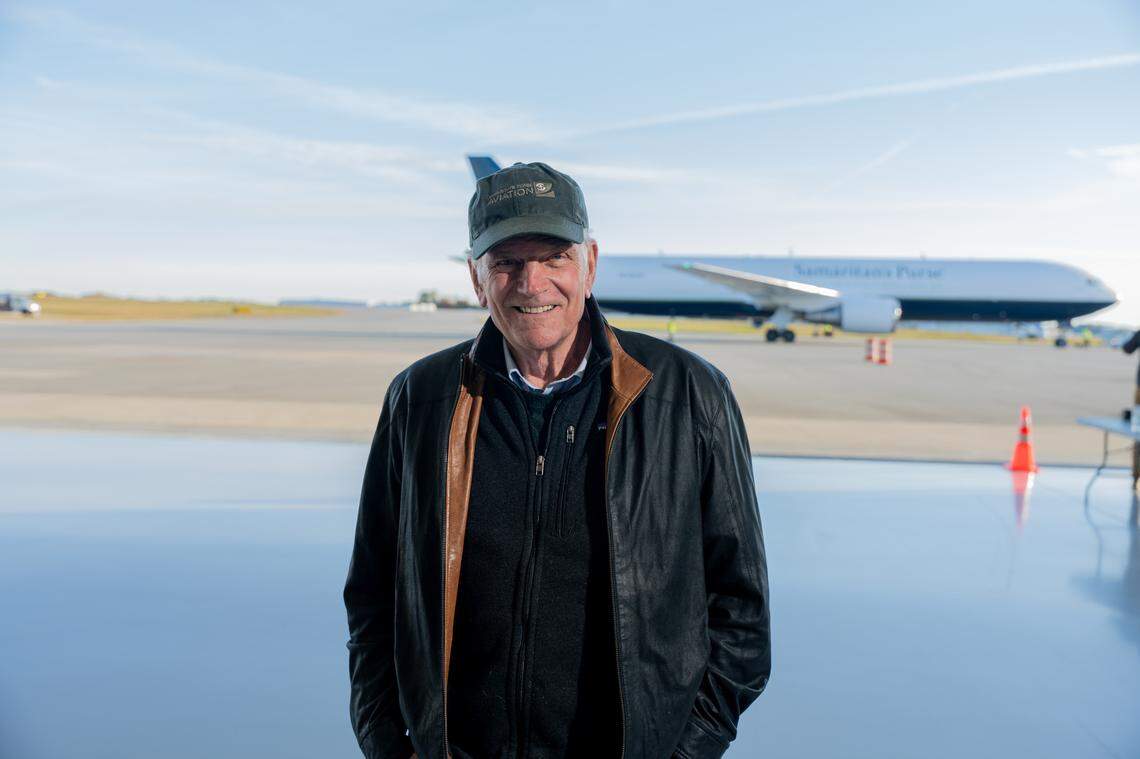 Franklin Graham visits the Samaritan’s Purse Airlift Response Center in Greensboro on Saturday, Oct. 25, 2025, before the inaugural flight of the organization’s 767 cargo plane. Loaded with supplies for Gaza, the flight departed for Israel.