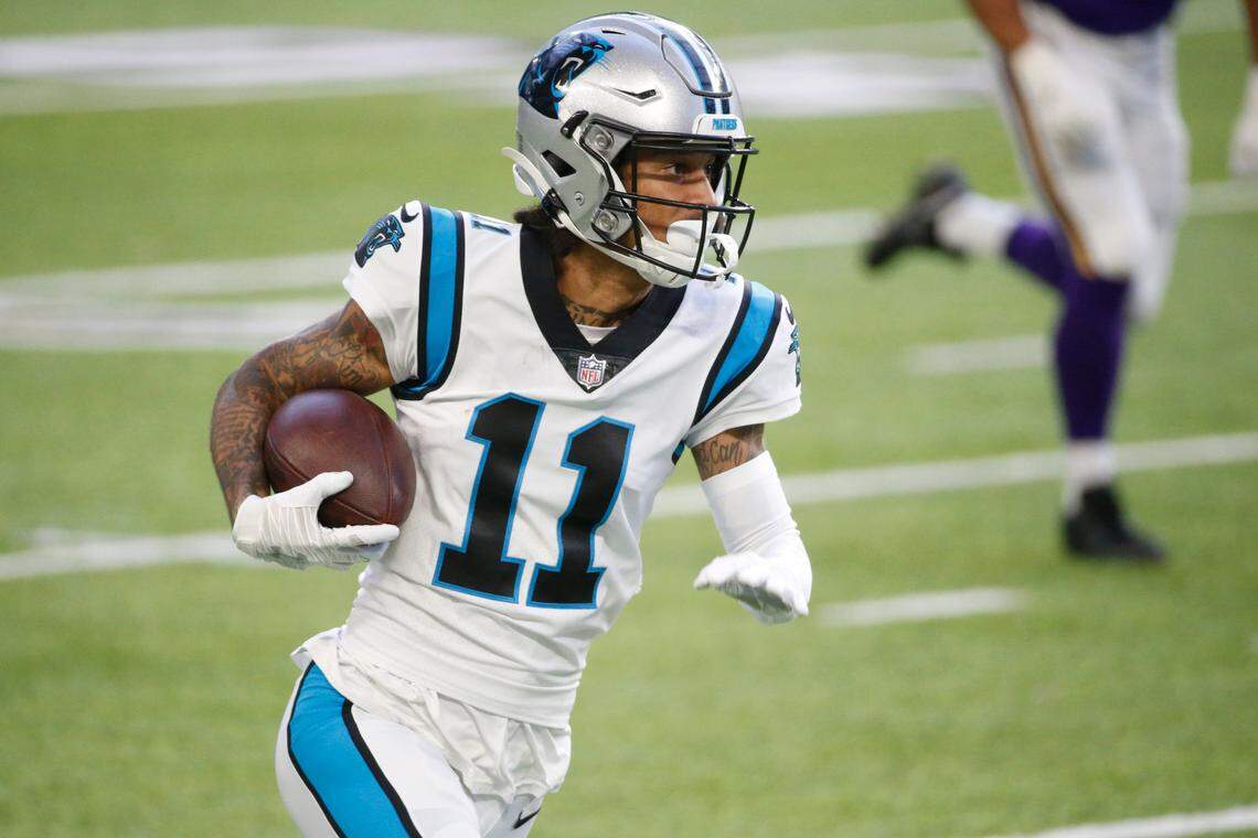 Carolina Panthers wide receiver Robby Anderson runs up field during a 41-yard touchdown reception during the first half of an NFL football game against the Minnesota Vikings, Sunday, Nov. 29, 2020, in Minneapolis. (AP Photo/Bruce Kluckhohn)
