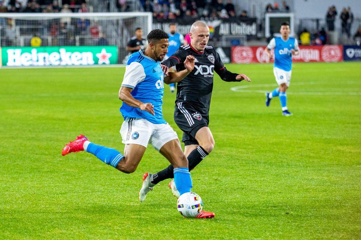 McKinze Gaines crosses the ball during Charlotte FC’s opening match against DC United on Feb. 26, 2022 at Audi Field in Washington, D.C. Charlotte was already down 2 goals by the end of the first half.