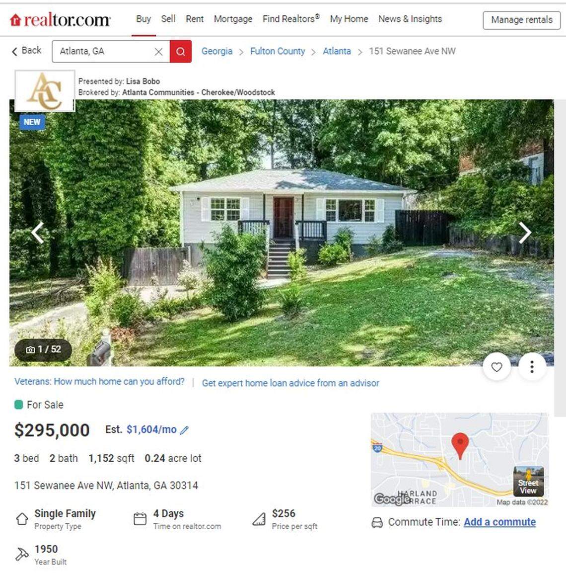 This three-bedroom house in Atlanta is listed for $295,000.