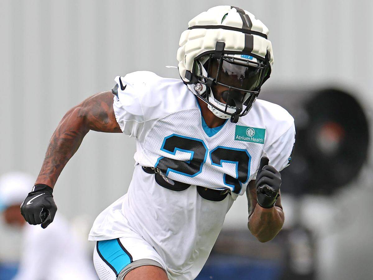Carolina Panthers cornerback Dane Jackson runs through drills during practice on Tuesday, August 6, 2024.