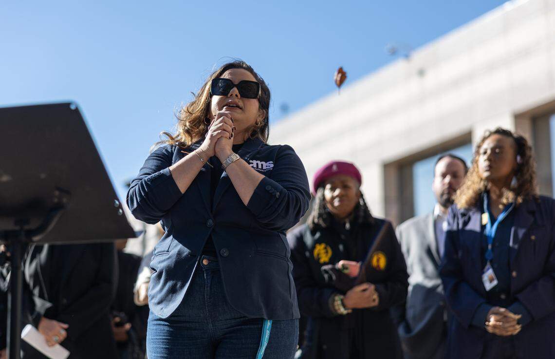 Charlotte-Mecklenburg School Board Member Liz Monterrey-Duvall speaks during a press conference with local and state leaders regarding the reported deployment of federal immigration enforcement personnel to Charlotte at the Charlotte-Mecklenburg Government Center in Charlotte, N.C., on Friday, November 14, 2025.