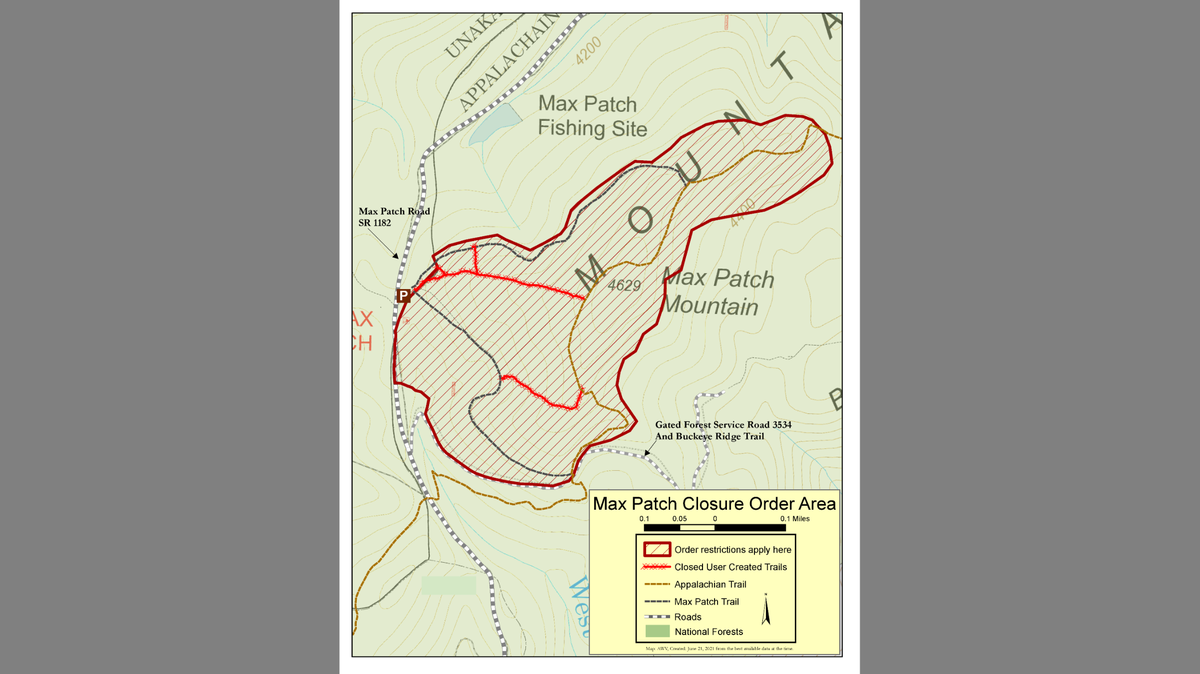 A map shows the Max Patch area in North Carolina where officials on Thursday implemented new restrictions in response to increased visitors.
