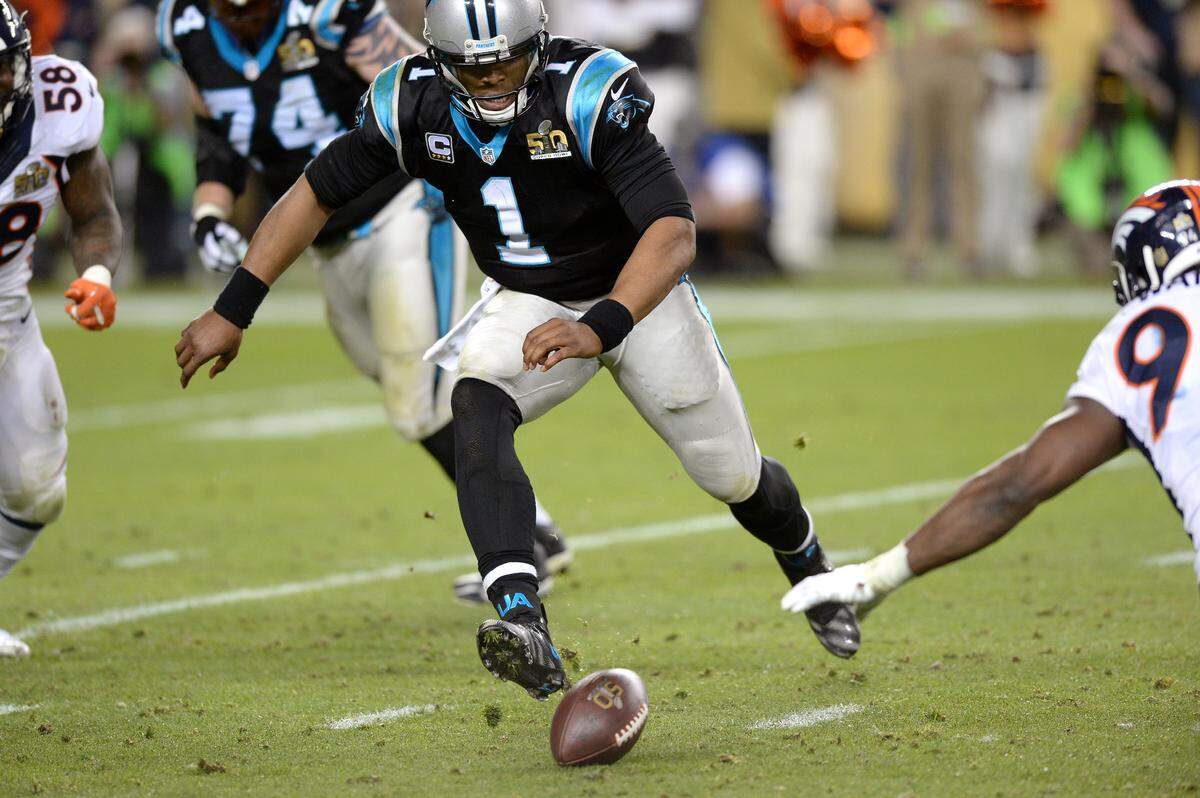 Carolina Panthers quarterback Cam Newton chases after the ball after being stripped by Denver Broncos linebacker Von Miller during the fourth quarter of Super Bowl 50 in Santa Clara, Calif., on Feb. 7, 2016. Although Newton pursued the fumble at first, he decided not to try to jump on it, and Denver recovered inside Carolina’s 10 and soon scored the game-winning touchdown in a 24-10 win.