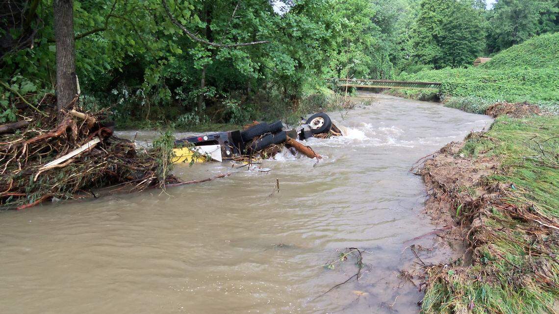 This is what's left of the NCDOT dump truck that was pushed into the Catawba River in McDowell County late Tuesday.