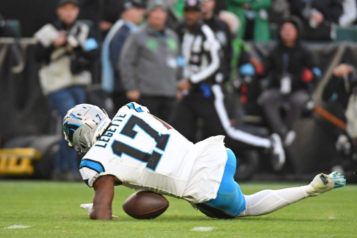 Carolina Panthers wide receiver Xavier Legette can’t hang onto the pass late during Sunday’s fourth quarter against the Philadelphia Eagles at Lincoln Financial Field.