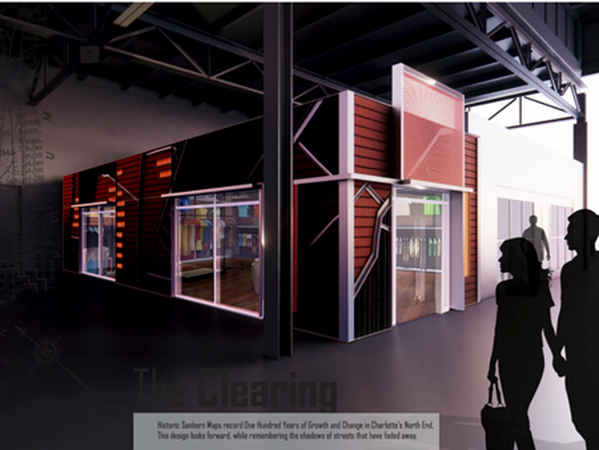 The design by Melanie Reddrick, a project architect with Little Diversified Architectural Consulting uses wide metal channels and pressure-treated plywood street signs.