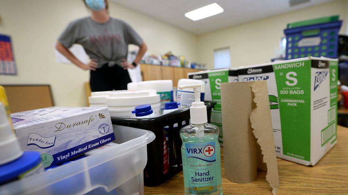 Gloves and cleaning supplies are part of the necessities in Kelsey Kirkman’s kindergarten classroom at Greenway Park Elementary School in Charlotte.