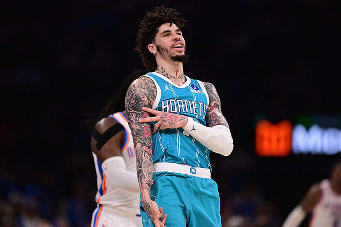 LaMelo Ball of the Charlotte Hornets celebrates a made basket during the second half against the Oklahoma City Thunder at Paycom Center.