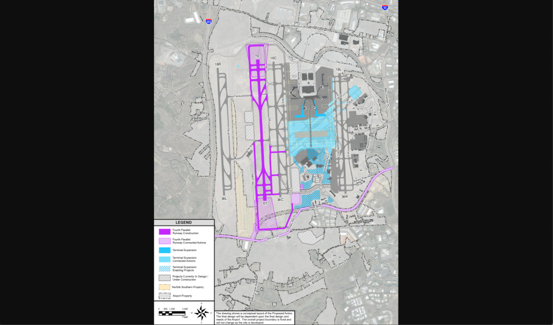 The proposed construction includes adding a fourth parallel runway to the Charlotte Douglas International Airport.