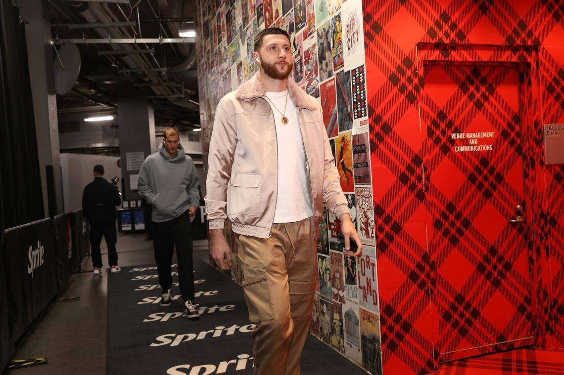 Jusuf Nurkic enters Portland's Moda Center for a game on Feb. 3, 2025.