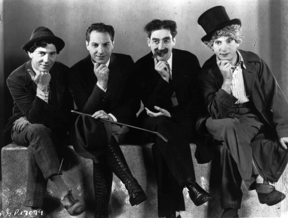 circa 1933:  The Marx Brothers, sons of German immigrants to New York. From left, Leonard or Chico ( 1891 - 1961), Herbert or Zeppo (1901 - 1979), Julius Henry or Groucho (1895 - 1977) and Adolf or Harpo (1893 - 1961).  (Photo by General Photographic Agency/Getty Images)