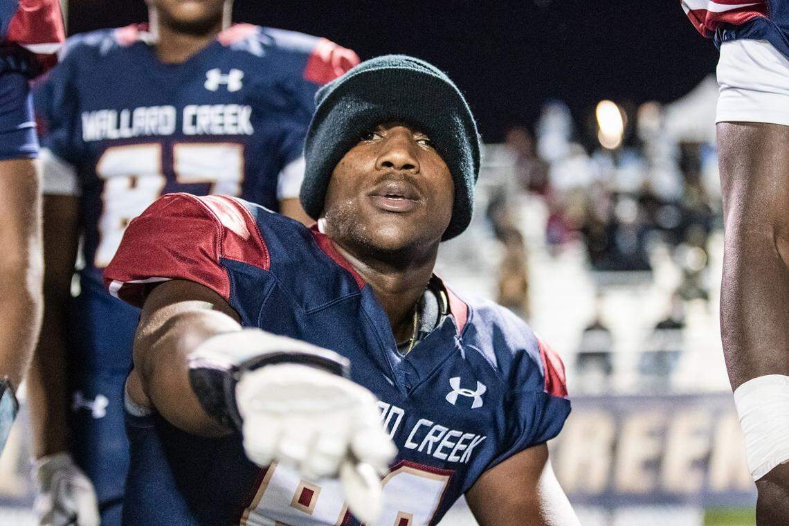 Mallard Creek’s Omari Alexander celebrates a touchdown catch against Hough during a high school football game in November 2019. The 19-year-old Lenoir-Rhyne University football player was found dead with multiple gunshot wounds in a car in the 400 block of 17th Ave. NE in Hickory NC on Saturday, Nov. 20, 2021.