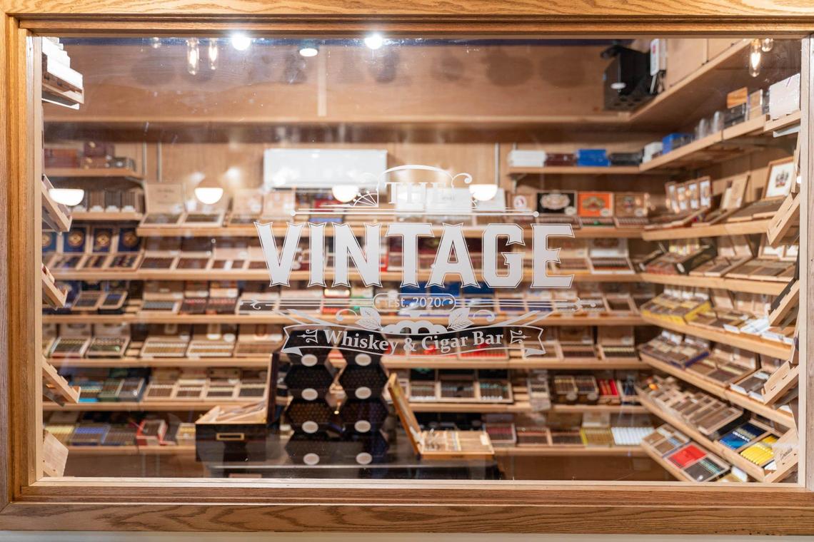 The walk-in humidor at Vintage Whiskey & Cigar Bar.