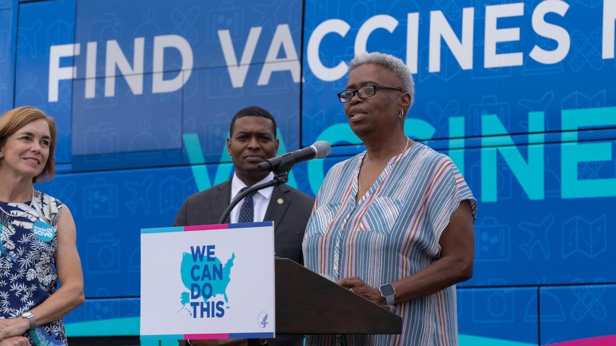 Reverend Sonia Lee gives her testimony on her previous experiences with vaccines while in the military during a pop-up vaccination clinic in Charlotte, NC, on Tuesday, June 15, 2021.
