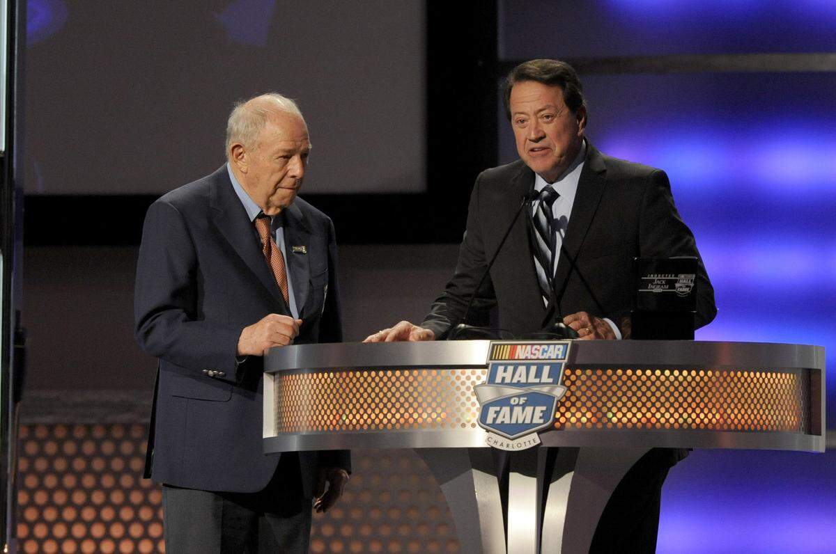 NASCAR driver Jack Ingram, left, is inducted into the NASCAR Hall of Fame by Harry Gant in 2014.
