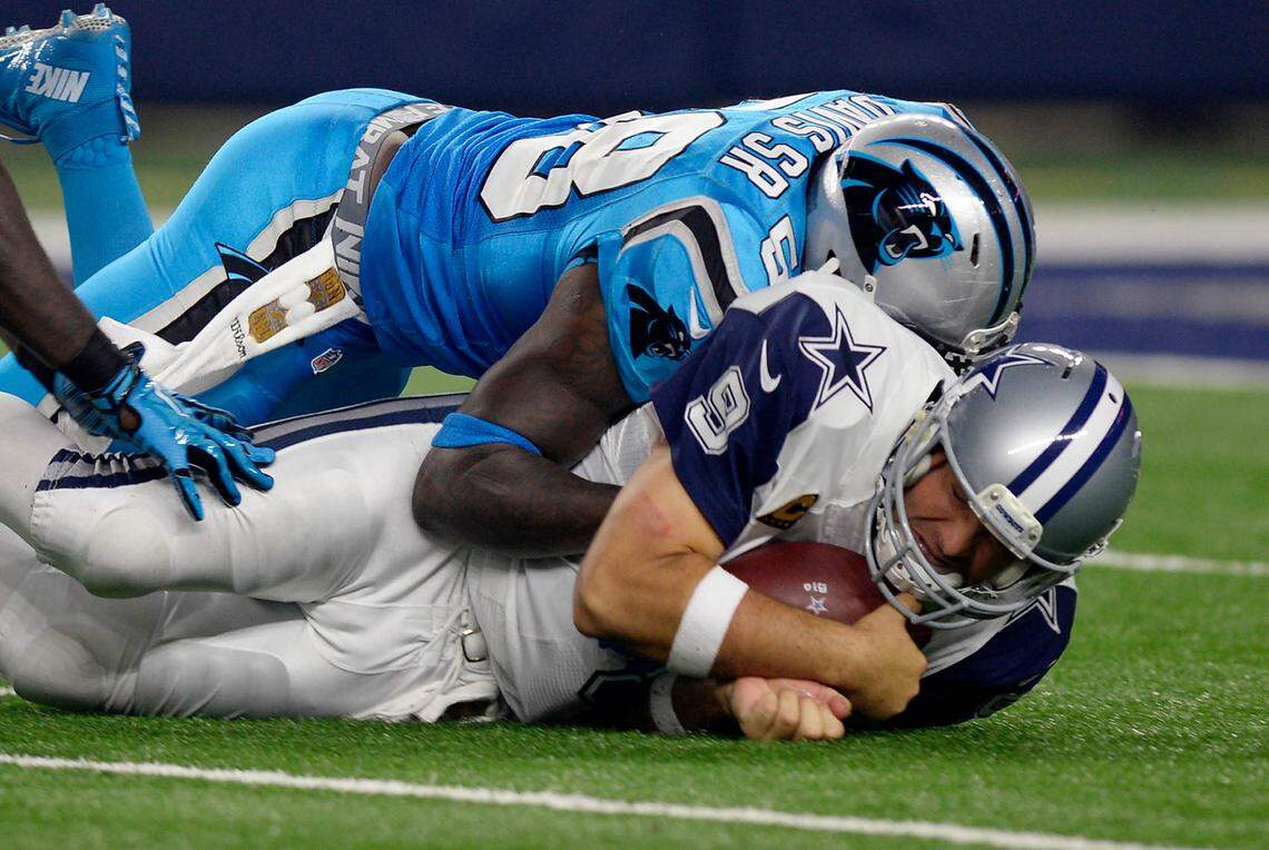 Thomas Davis sacks Tony Romo, knocking the Dallas quarterback out of the Thanksgiving-Day game Carolina would ultimately win. Says the team’s director of communications, Steven Drummond: “That was the day that the ’15 Panthers were introduced to the country.”