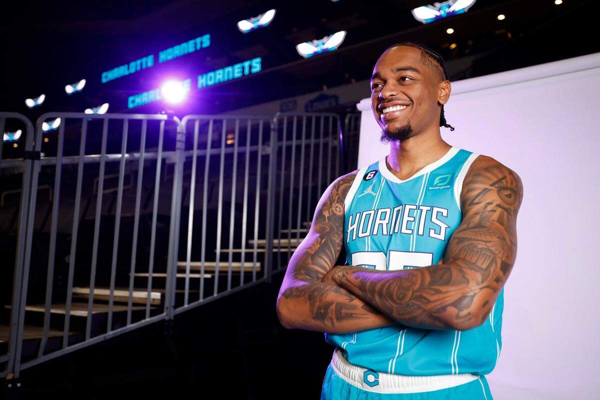 Charlotte Hornets P.J. Washington poses for a portrait during media day at Spectrum Center in Charlotte, N.C., Monday, Sept. 26, 2022.