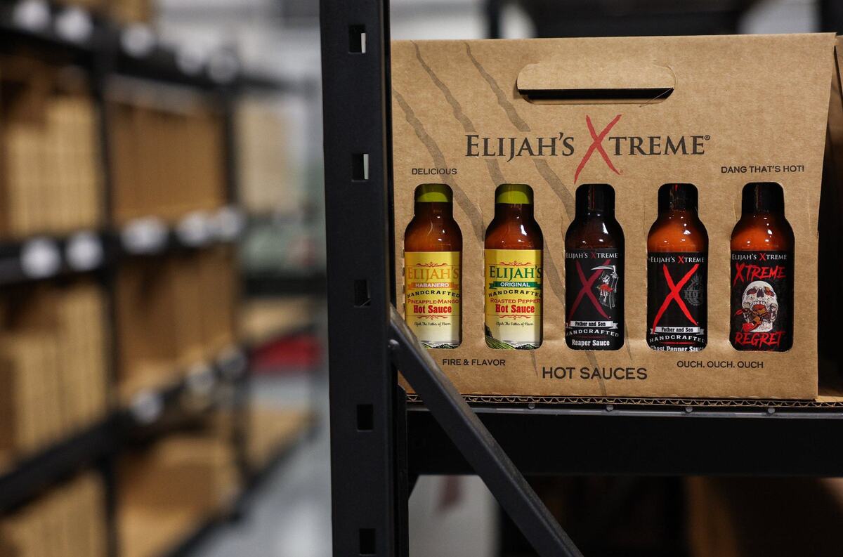 A sampler box of Elijah’s Xtreme hot sauce sits inside the warehouse in Gastonia. The business took root from a father and son’s love of hot sauce.
