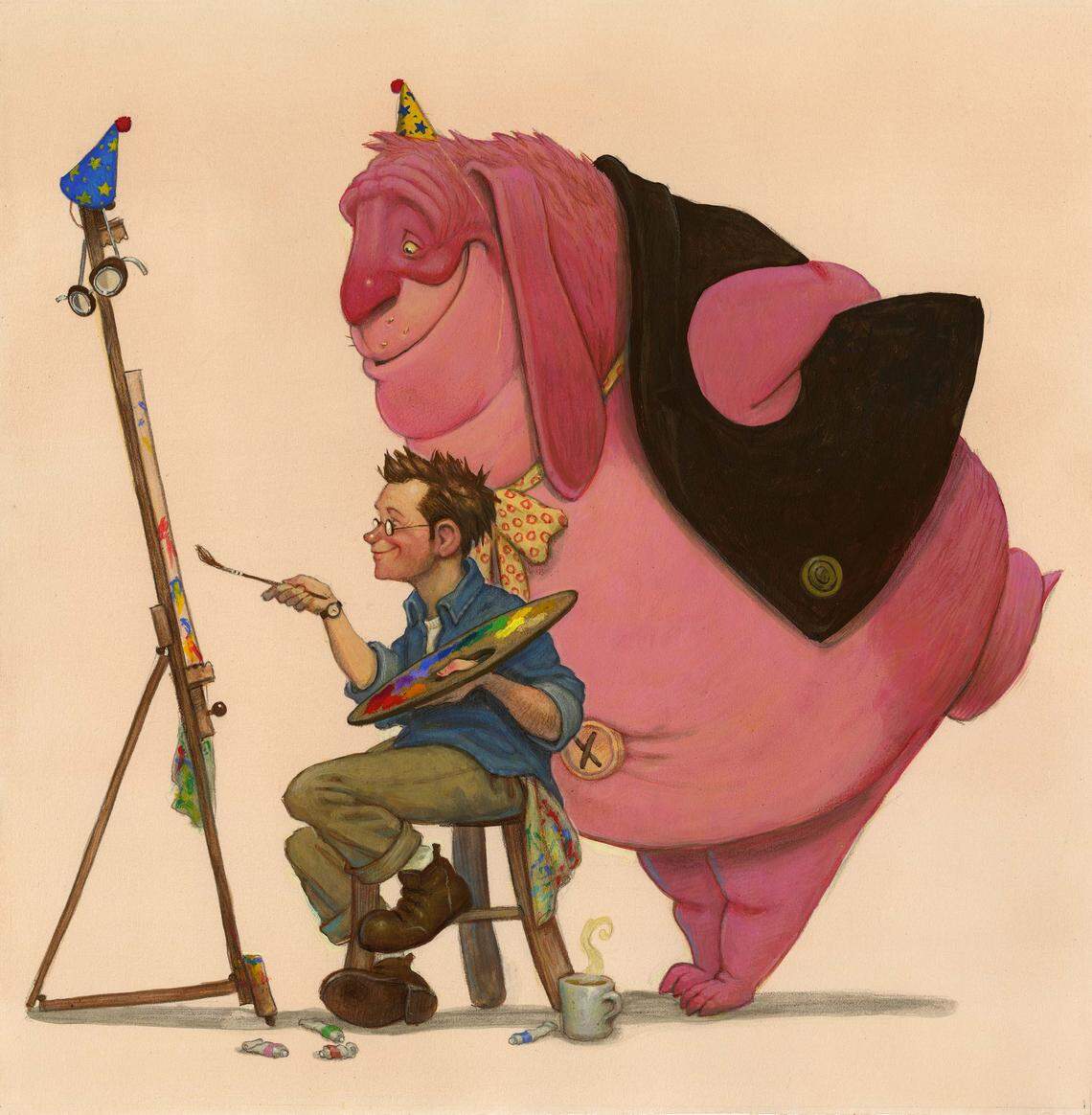 This self-portrait by Tony DiTerlizzi shows him painting while one of his characters, Ted, looks on.