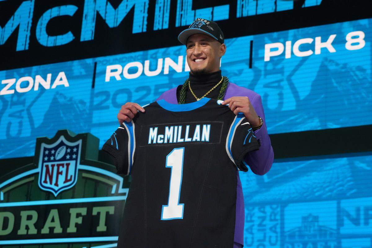 Arizona Wildcats wide receiver Tetairoa McMillan is selected by the Carolina Panthers as the eighth overall pick in the first round of Thursday’s NFL Draft at Lambeau Field.