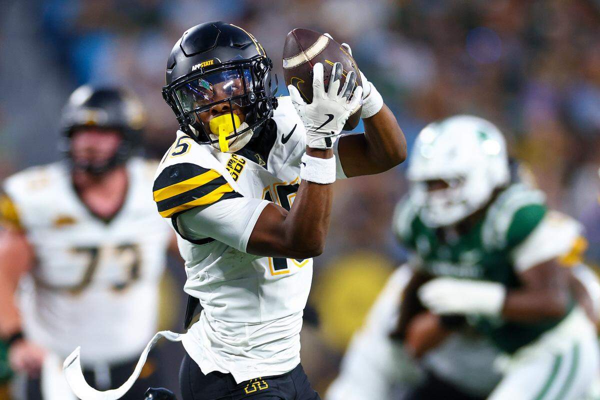 Jaden Barnes of Appalachian State makes a catch against the Charlotte 49ers during the first half of the Duke's Mayo Classic on Aug. 25, 2025, at Bank of America Stadium.
