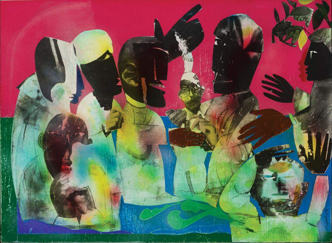 Romare Bearden, “Of the Blues: Carolina Shout,” 1974. Collage and acrylic and lacquer on board, 27 ½ x 51 inches. The minister baptizing the boy points his enormous hand toward Heaven. In Bearden’s work, he uses hands to portray character and emotion.