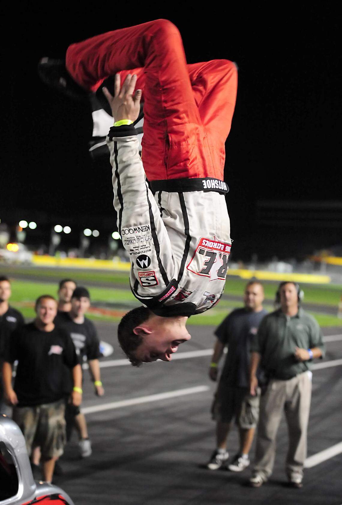 Daniel Hemric performs a back flip off of his car after winning the Legends Million race in 2010 at Charlotte Motor Speedway. Hemric then siphoned some gas from his racecar so he could get home that night.