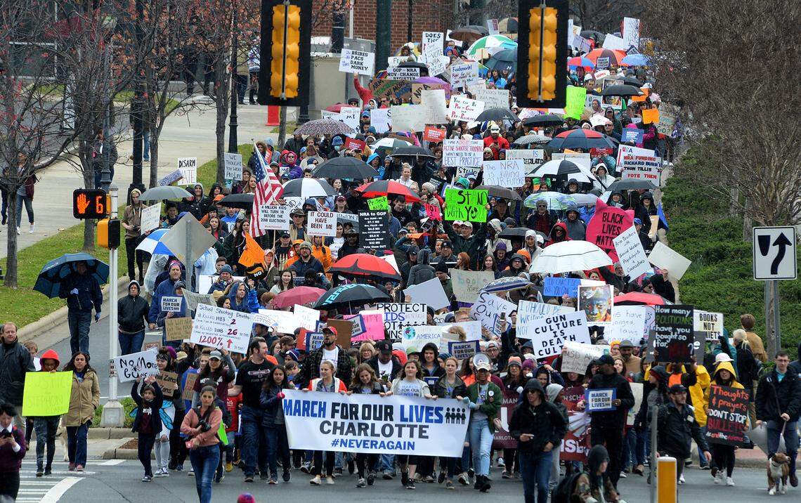 Huge crowds march up Caldwell Street during Saturday's Charlotte, N.C. March For Our Lives, a student-led rally against gun violence that's part of a national and global movement.